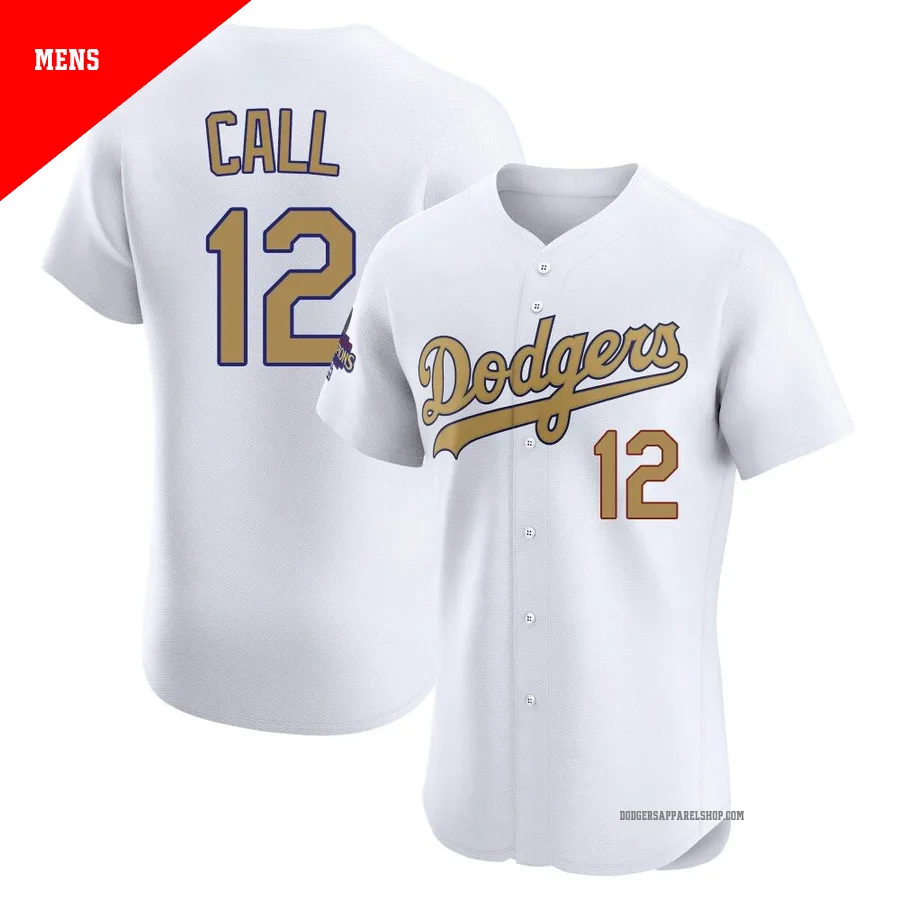 Men's Los Angeles Dodgers ＃12 Alex Call Gold Elite White 2025 Collection Jersey