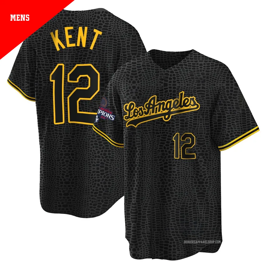 Men's Los Angeles Dodgers ＃12 Jeff Kent Black Replica Snake Skin City 2024 World Series Champions Jersey