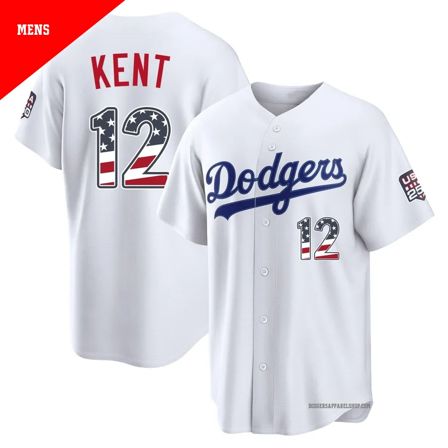 Men's Los Angeles Dodgers ＃12 Jeff Kent White Limited USA 250 Fourth Of July Home Stadium Jersey