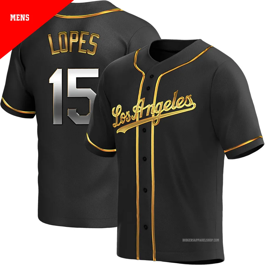 Men's Los Angeles Dodgers ＃15 Davey Lopes Gold Replica Black en Alternate Jersey