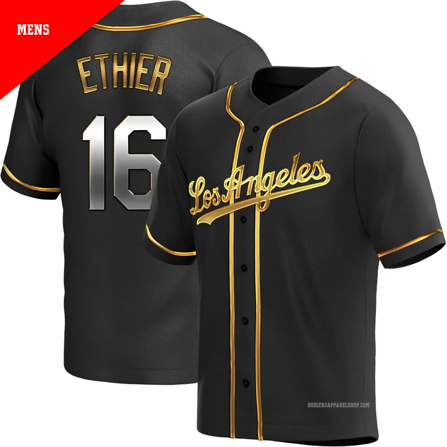 Men's Los Angeles Dodgers ＃16 Andre Ethier Gold Replica Black en Alternate Jersey