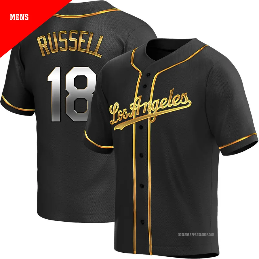 Men's Los Angeles Dodgers ＃18 Bill Russell Gold Replica Black en Alternate Jersey