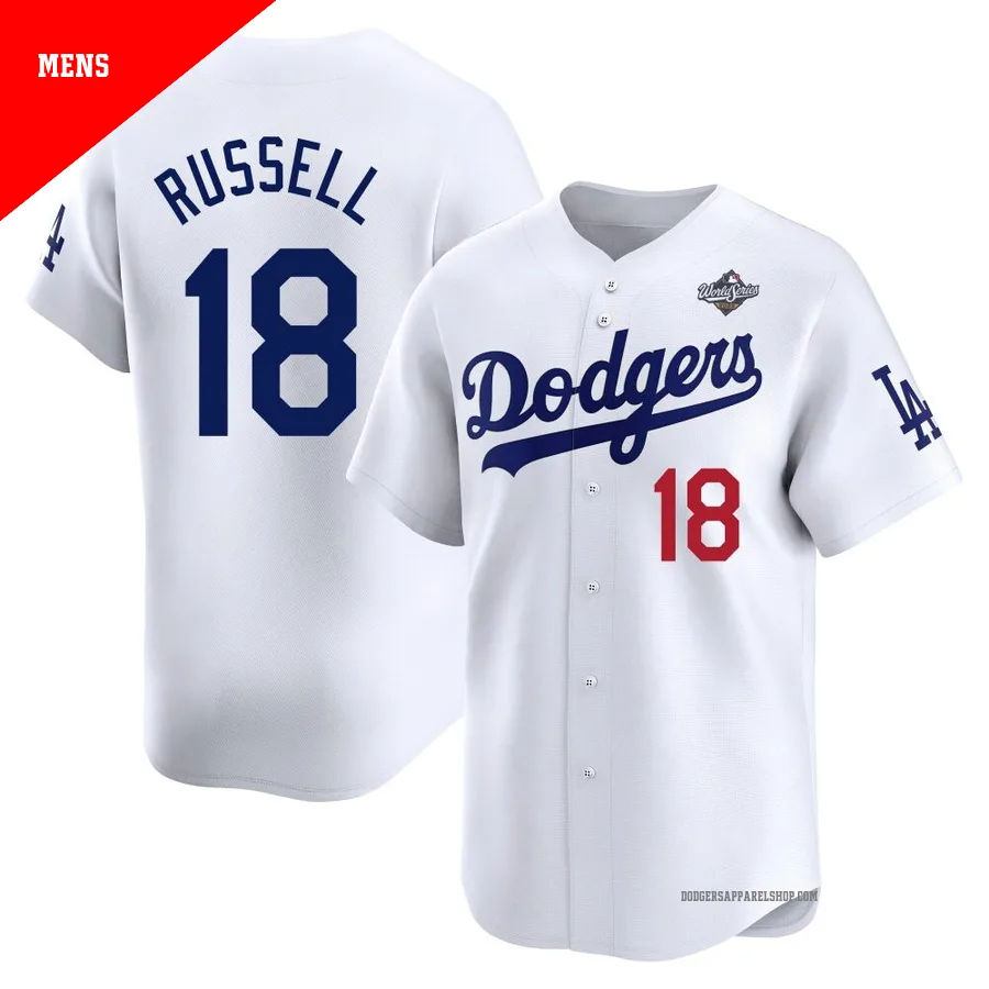 Men's Los Angeles Dodgers ＃18 Bill Russell White Limited Home 2025 World Series Jersey