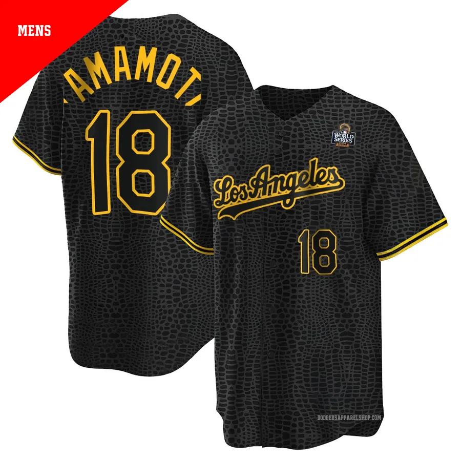 Men's Los Angeles Dodgers ＃18 Yoshinobu Yamamoto Black Replica Snake Skin City 2024 World Series Jersey