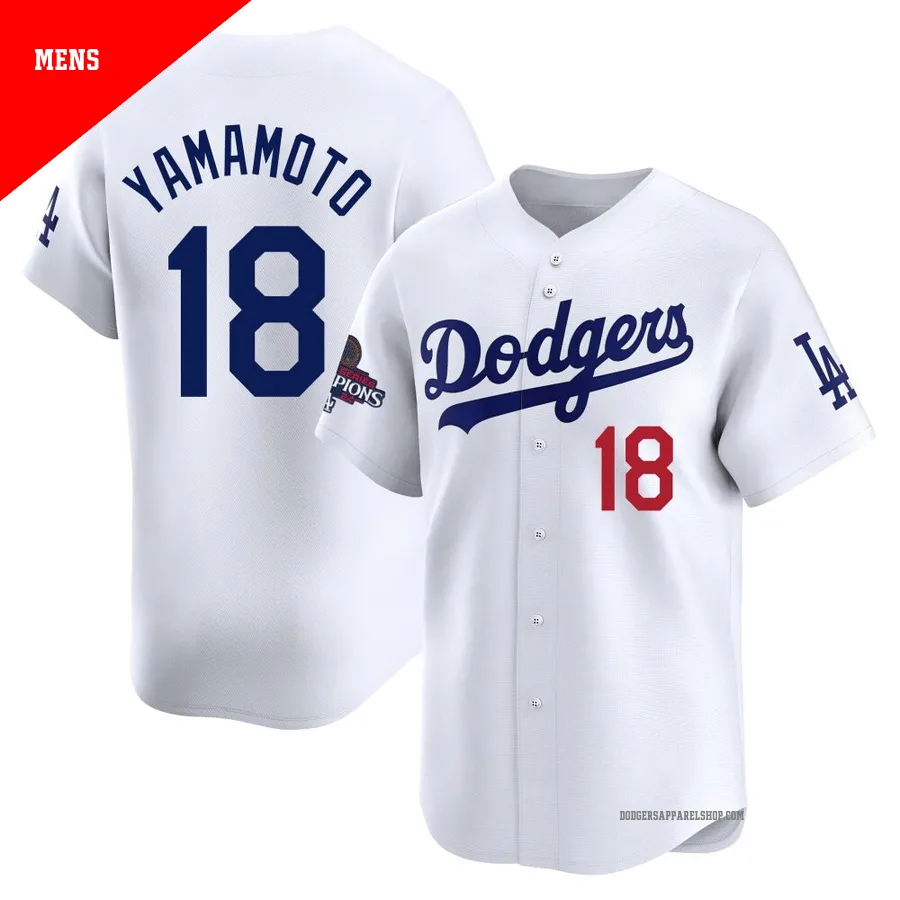 Men's Los Angeles Dodgers ＃18 Yoshinobu Yamamoto White Limited Home 2024 World Series Champions Jersey