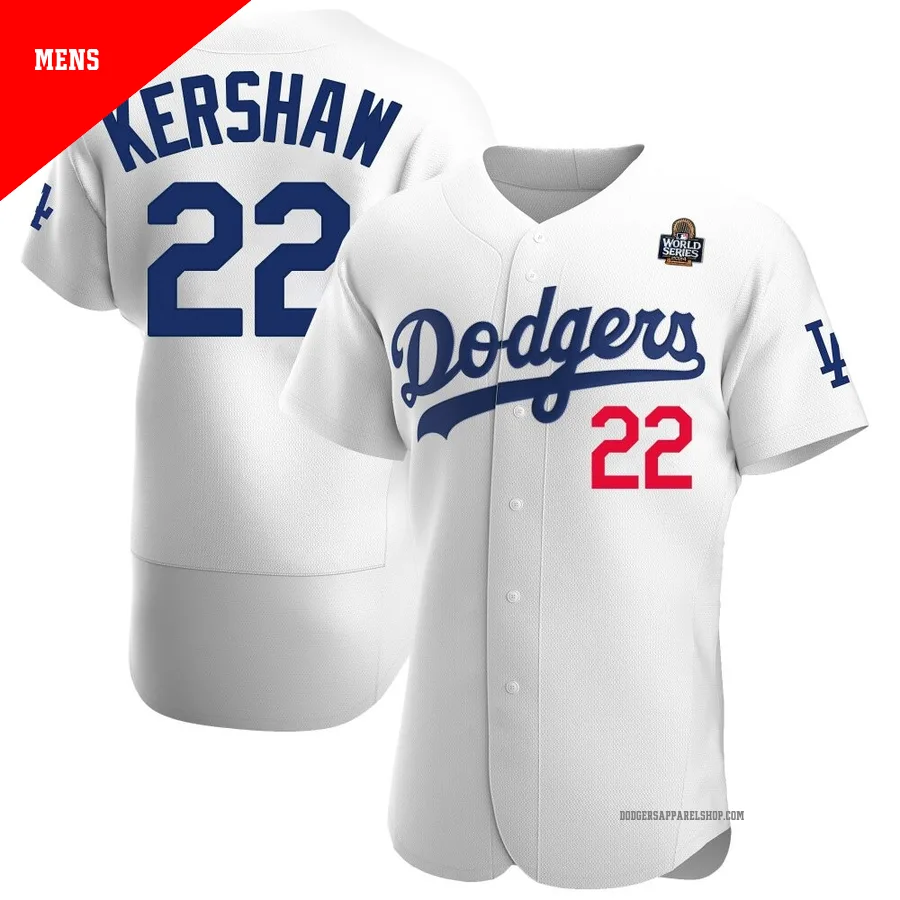 Men's Los Angeles Dodgers ＃22 Clayton Kershaw White Authentic Home Official 2024 World Series Jersey
