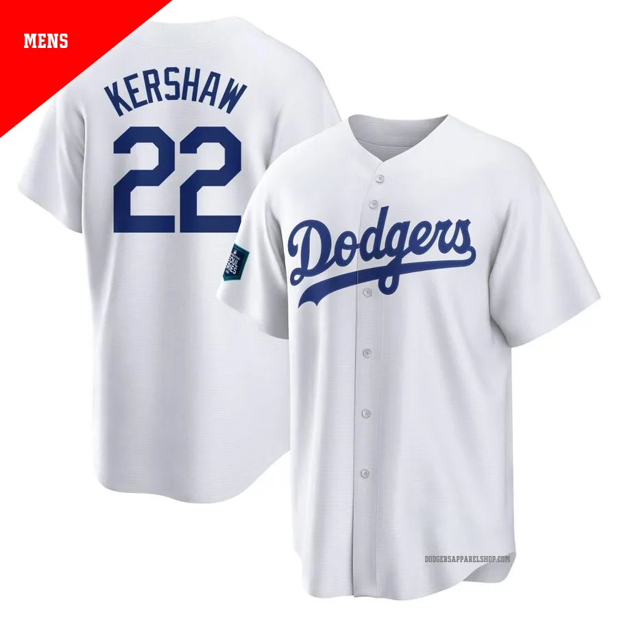 Men's Los Angeles Dodgers ＃22 Clayton Kershaw White Replica 2024 World Tour Seoul Series Home Jersey