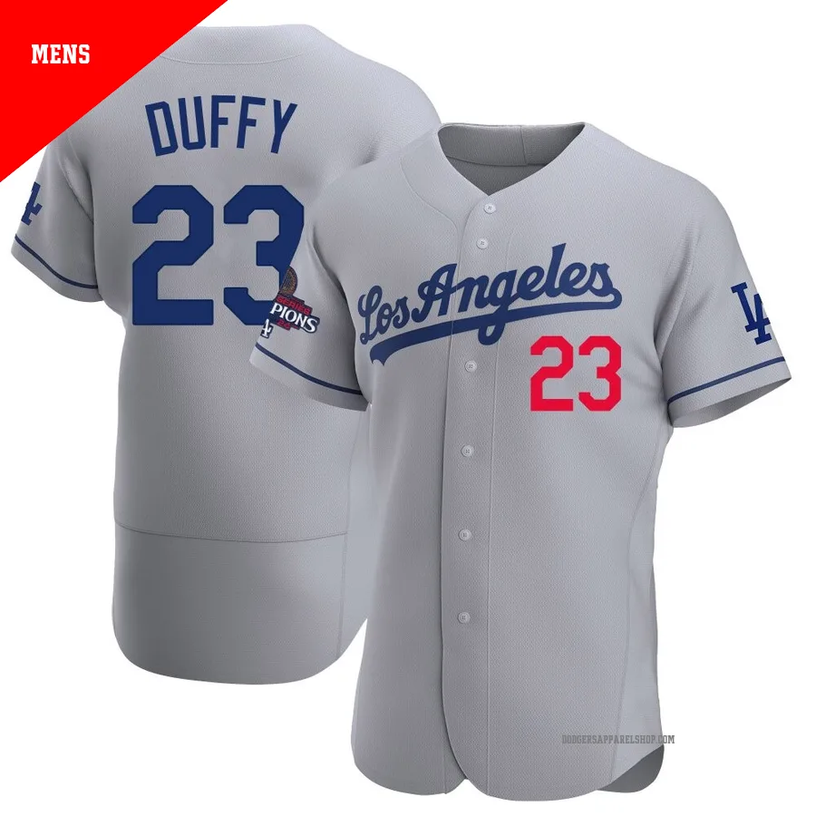 Men's Los Angeles Dodgers ＃23 Danny Duffy Gray Authentic Away Official 2024 World Series Champions Jersey