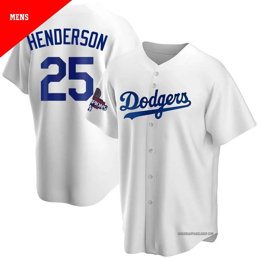 Men's Los Angeles Dodgers ＃25 Rickey Henderson White Replica Home 2024 World Series Champions Jersey