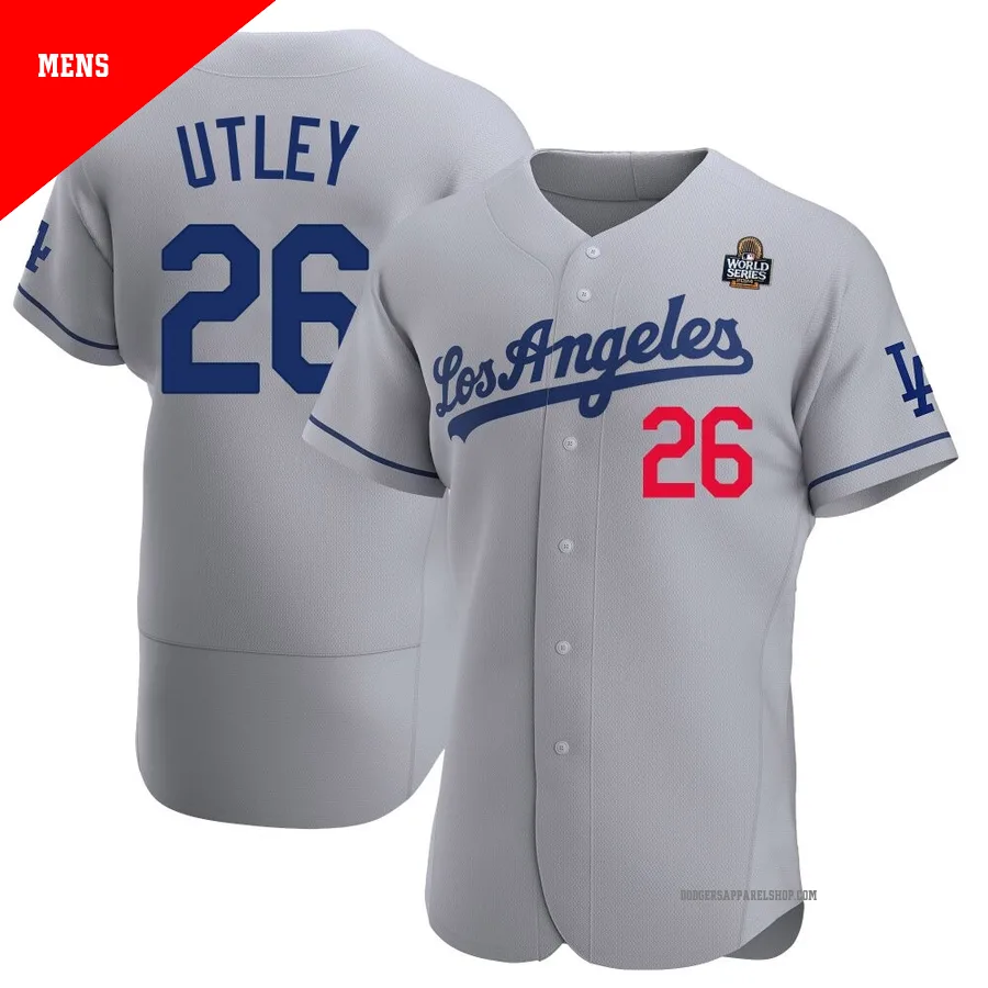 Men's Los Angeles Dodgers ＃26 Chase Utley Gray Authentic Away Official 2024 World Series Jersey