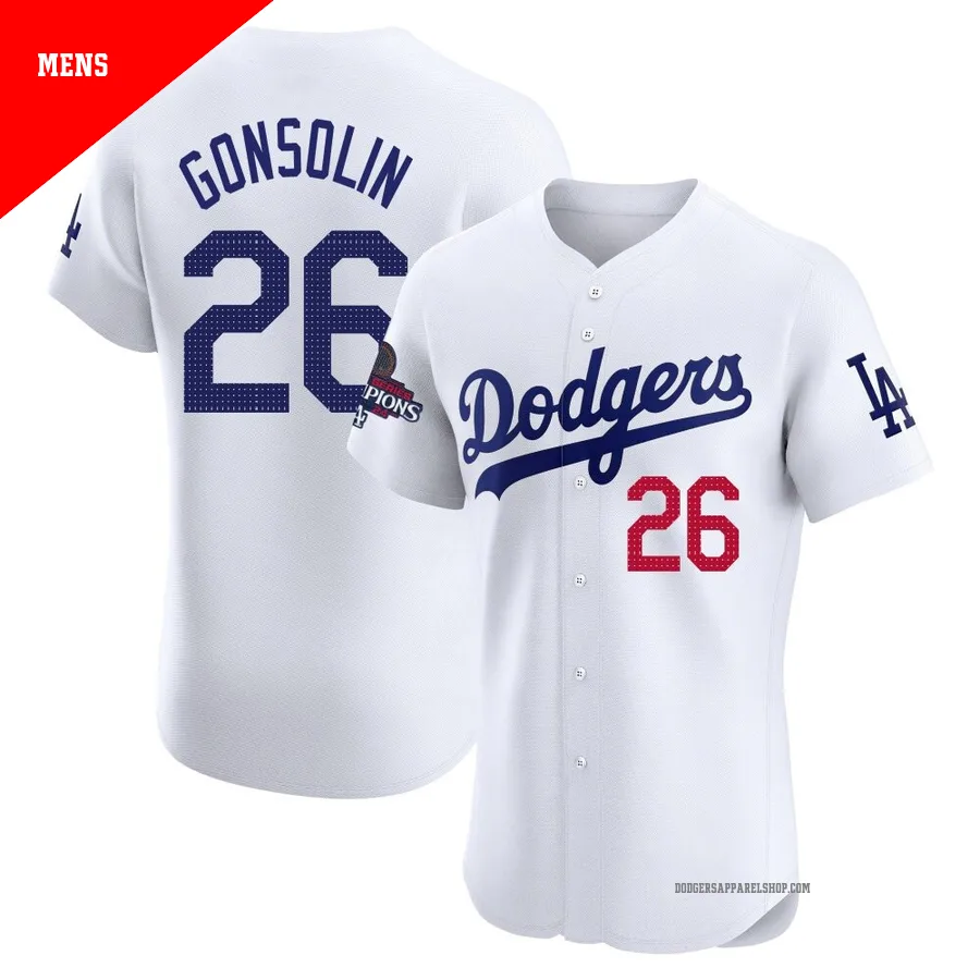 Men's Los Angeles Dodgers ＃26 Tony Gonsolin White Elite Home World Series Champions Jersey