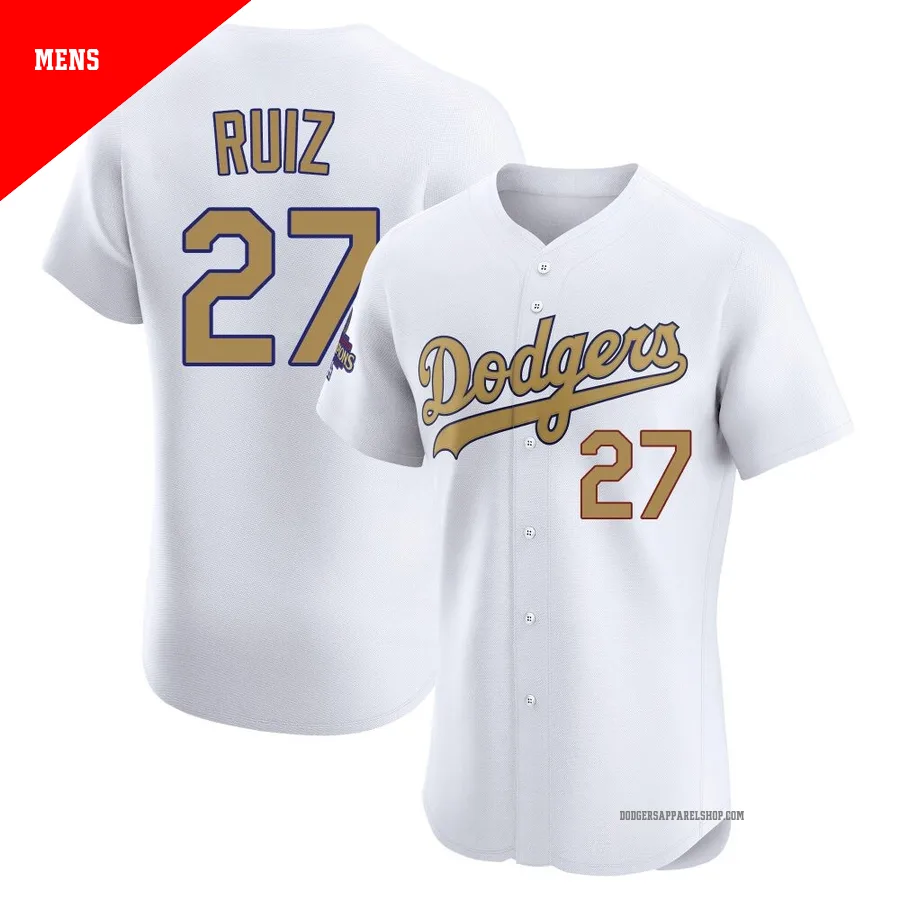 Men's Los Angeles Dodgers ＃27 Esteury Ruiz Gold Elite White 2025 Collection Jersey