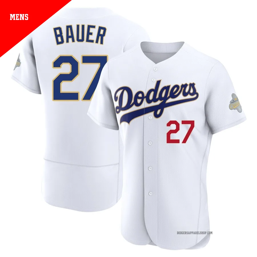 Men's Los Angeles Dodgers ＃27 Trevor Bauer Gold Authentic White 2026 Collection Jersey