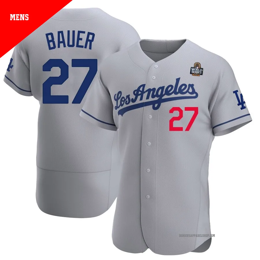 Men's Los Angeles Dodgers ＃27 Trevor Bauer Gray Authentic Away Official 2024 World Series Jersey