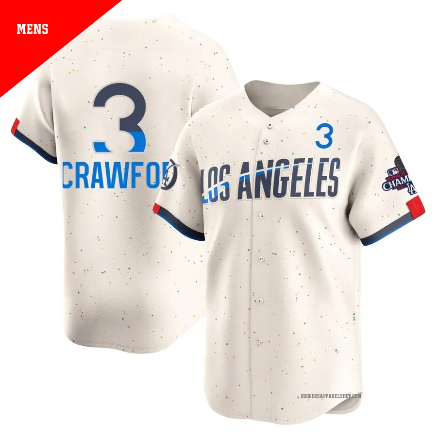 Men's Los Angeles Dodgers ＃3 Carl Crawford Cream Limited 2024 City Connect World Series Champions Jersey
