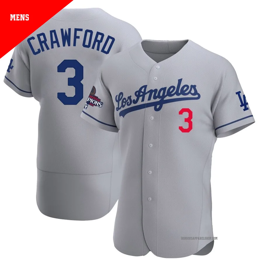 Men's Los Angeles Dodgers ＃3 Carl Crawford Gray Authentic Away Official 2024 World Series Champions Jersey