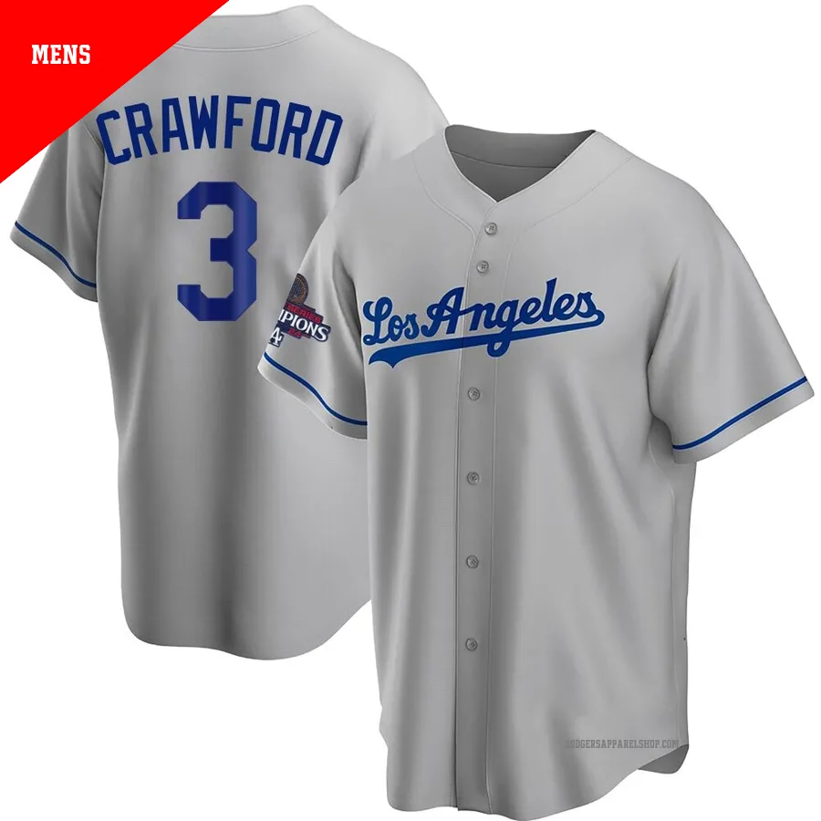 Men's Los Angeles Dodgers ＃3 Carl Crawford Gray Replica Road 2024 World Series Champions Jersey
