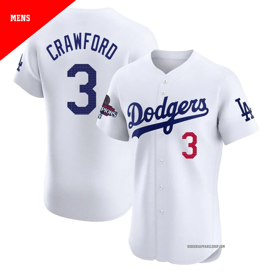 Men's Los Angeles Dodgers ＃3 Carl Crawford White Elite Home World Series Champions Jersey