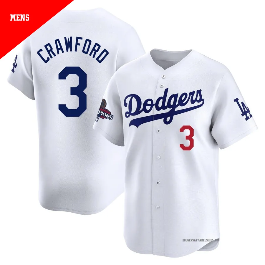 Men's Los Angeles Dodgers ＃3 Carl Crawford White Limited Home 2024 World Series Champions Jersey