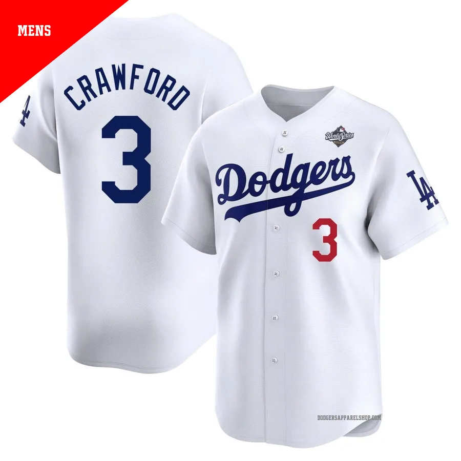 Men's Los Angeles Dodgers ＃3 Carl Crawford White Limited Home 2025 World Series Jersey
