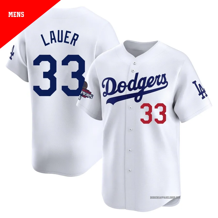 Men's Los Angeles Dodgers ＃33 Eric Lauer White Limited Home 2024 World Series Champions Jersey