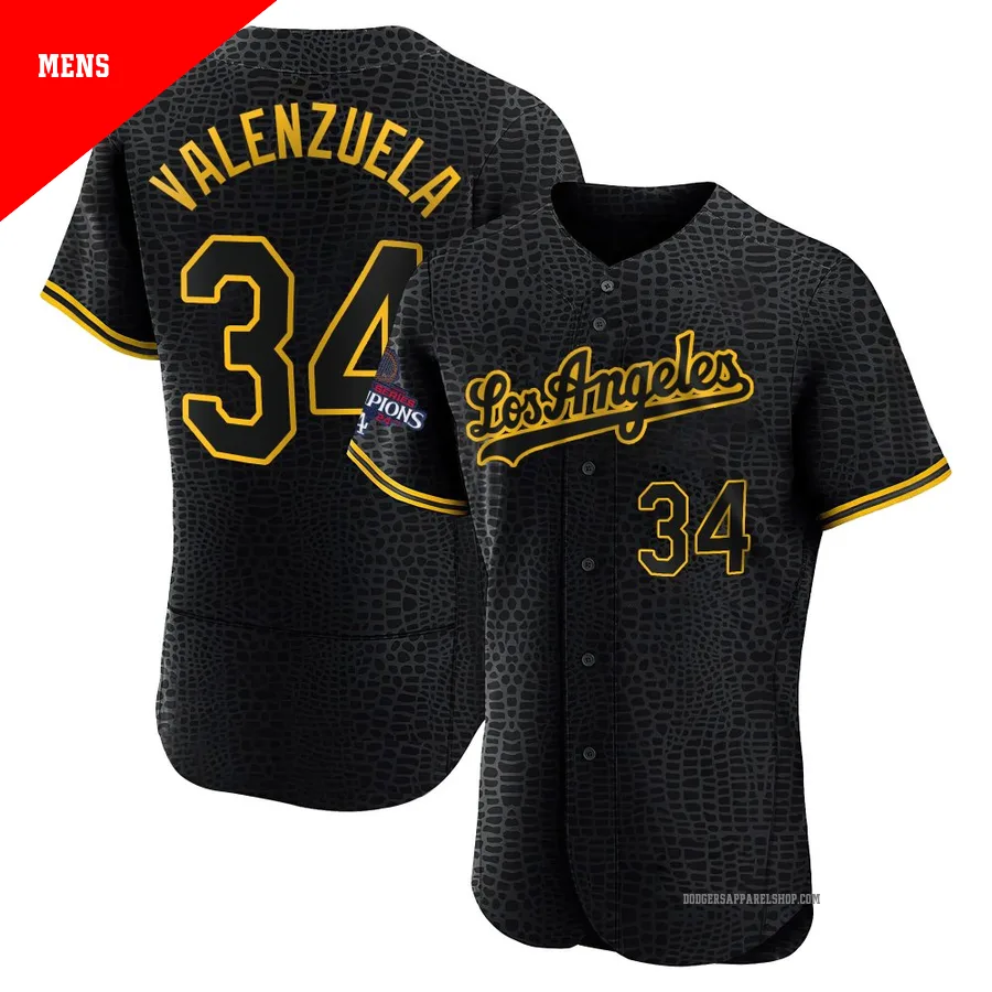 Men's Los Angeles Dodgers ＃34 Fernando Valenzuela Black Authentic Snake Skin City 2024 World Series Champions Jersey