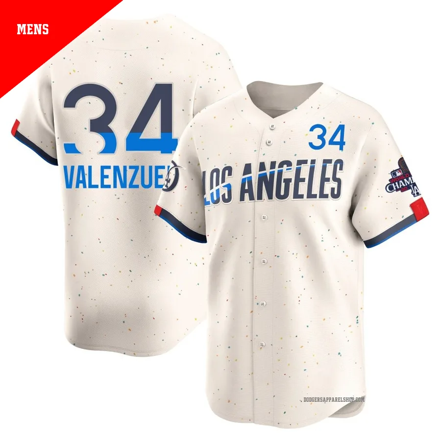 Men's Los Angeles Dodgers ＃34 Fernando Valenzuela Cream Limited 2024 City Connect World Series Champions Jersey