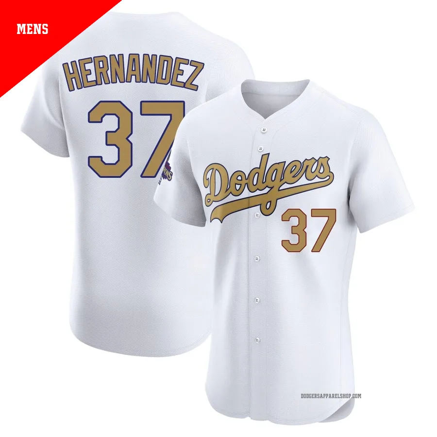 Men's Los Angeles Dodgers ＃37 Teoscar Hernandez Gold Elite White 2025 Collection Jersey
