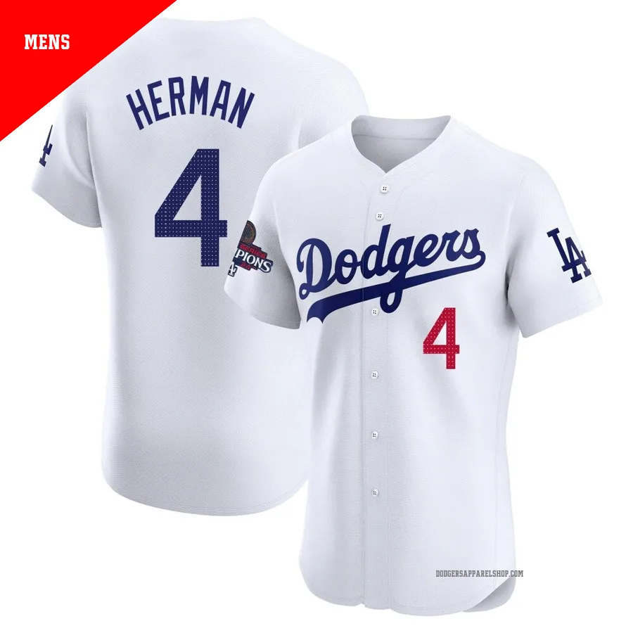 Men's Los Angeles Dodgers ＃4 Babe Herman White Elite Home World Series Champions Jersey