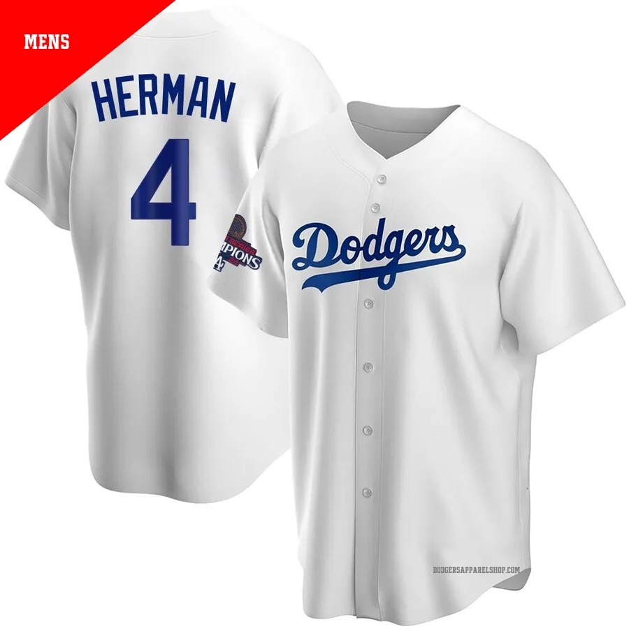 Men's Los Angeles Dodgers ＃4 Babe Herman White Replica Home 2024 World Series Champions Jersey