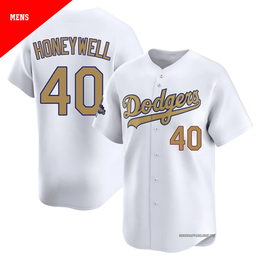Men's Los Angeles Dodgers ＃40 Brent Honeywell Gold Limited White 2025 Collection Jersey