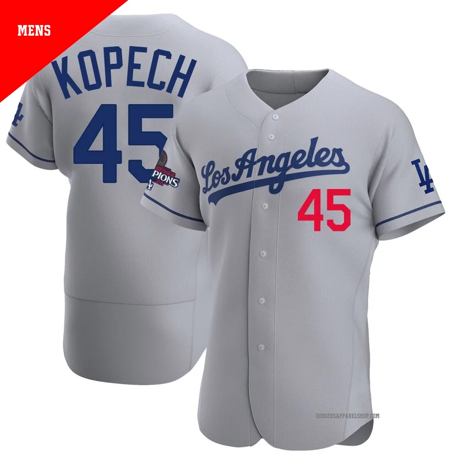 Men's Los Angeles Dodgers ＃45 Michael Kopech Gray Authentic Away Official 2024 World Series Champions Jersey