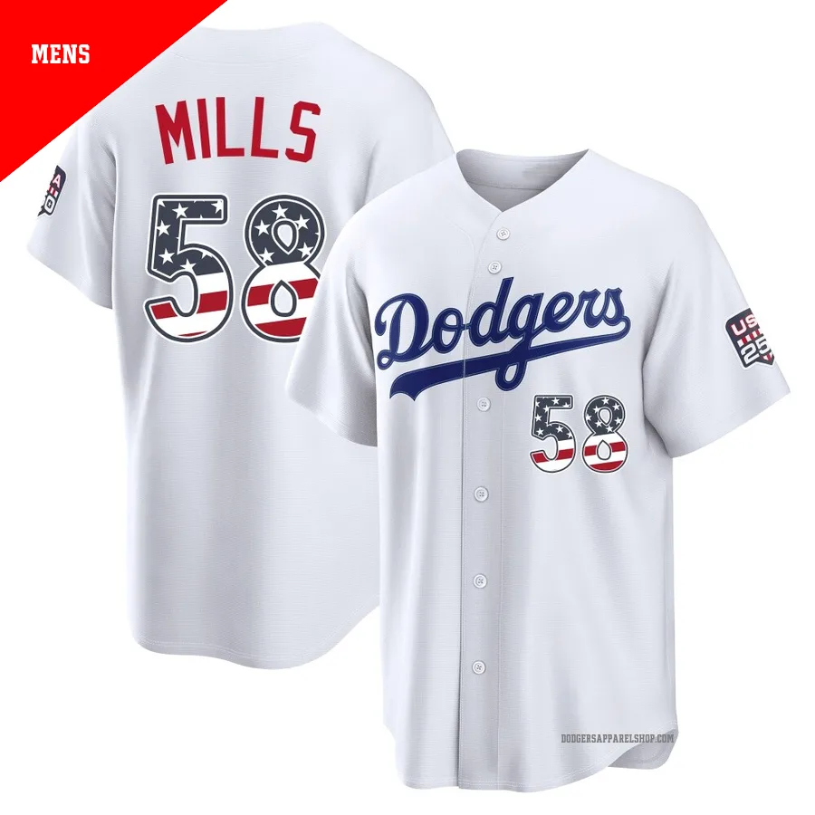 Men's Los Angeles Dodgers ＃58 Wyatt Mills White Limited USA 250 Fourth Of July Home Stadium Jersey