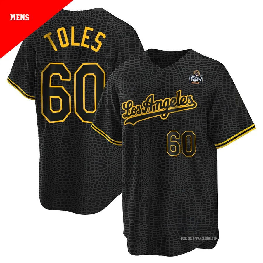 Men's Los Angeles Dodgers ＃60 Andrew Toles Black Replica Snake Skin City 2024 World Series Jersey