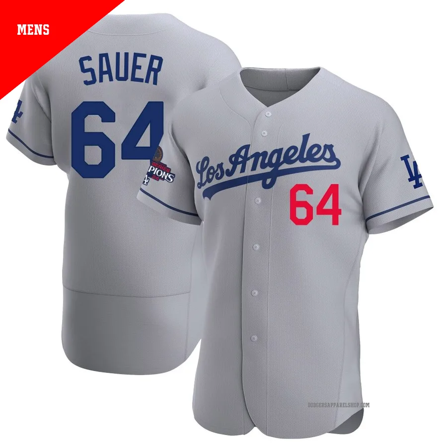 Men's Los Angeles Dodgers ＃64 Matt Sauer Gray Authentic Away Official 2024 World Series Champions Jersey
