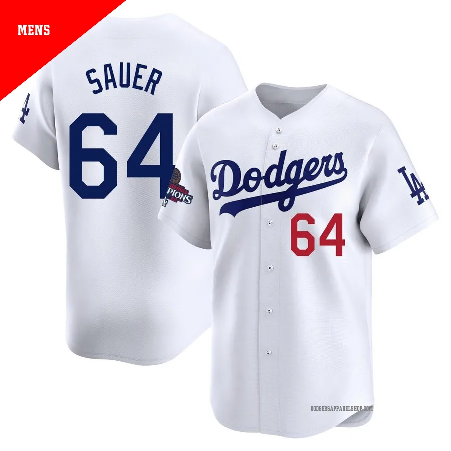 Men's Los Angeles Dodgers ＃64 Matt Sauer White Limited Home 2024 World Series Champions Jersey