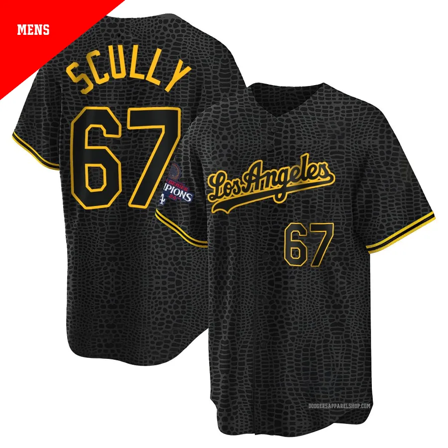 Men's Los Angeles Dodgers ＃67 Vin Scully Black Replica Snake Skin City 2024 World Series Champions Jersey