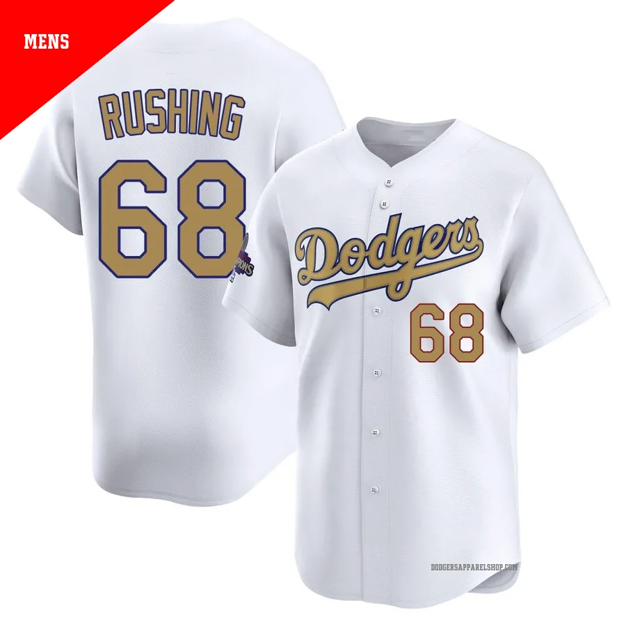 Men's Los Angeles Dodgers ＃68 Dalton Rushing Gold Limited White 2025 Collection Jersey