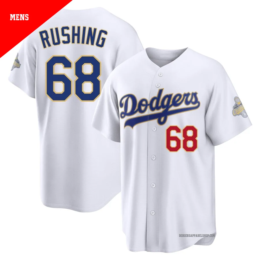Men's Los Angeles Dodgers ＃68 Dalton Rushing Gold Limited White 2026 Collection Stadium Jersey