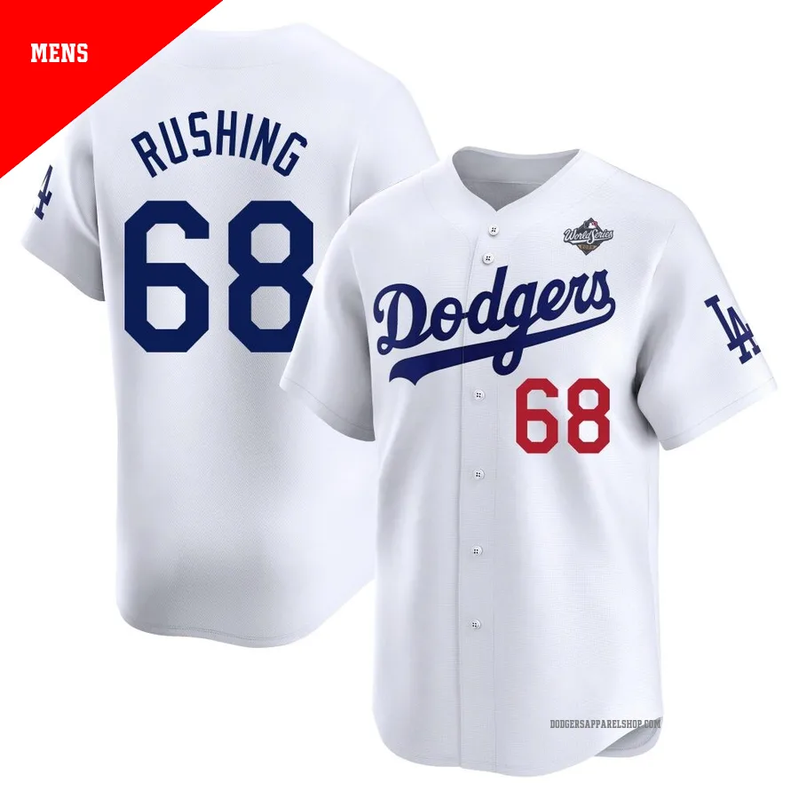 Men's Los Angeles Dodgers ＃68 Dalton Rushing White Limited Home 2025 World Series Jersey