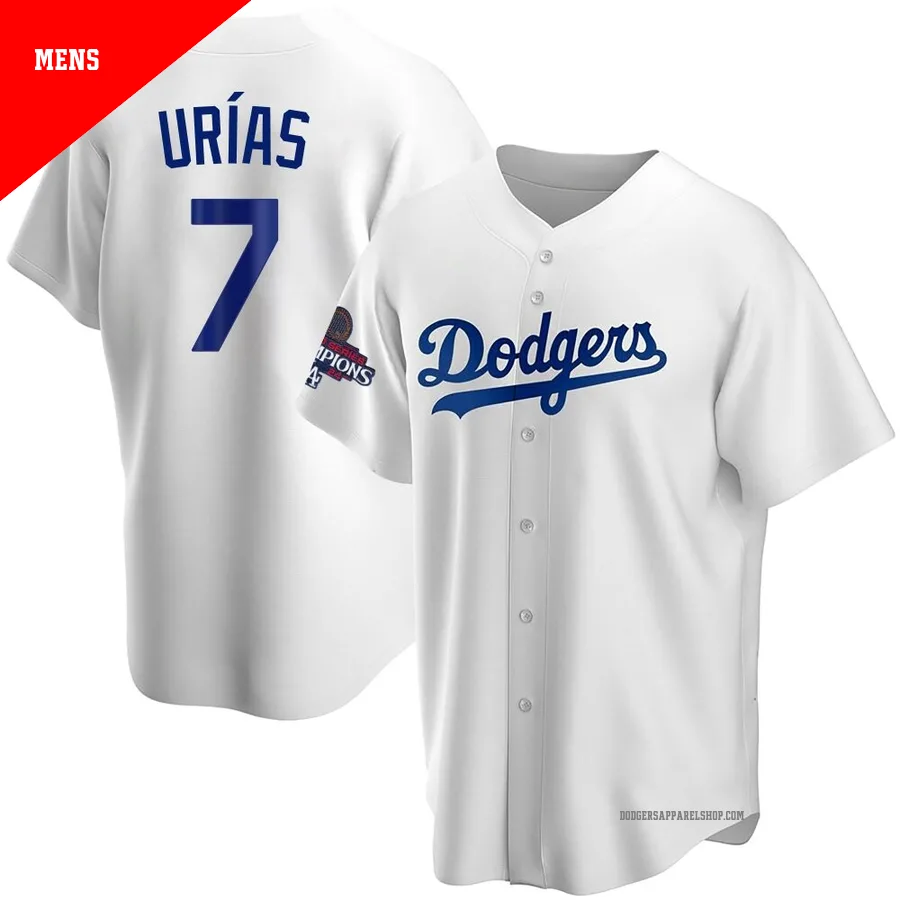 Men's Los Angeles Dodgers ＃7 Julio Urias White Replica Home 2024 World Series Champions Jersey