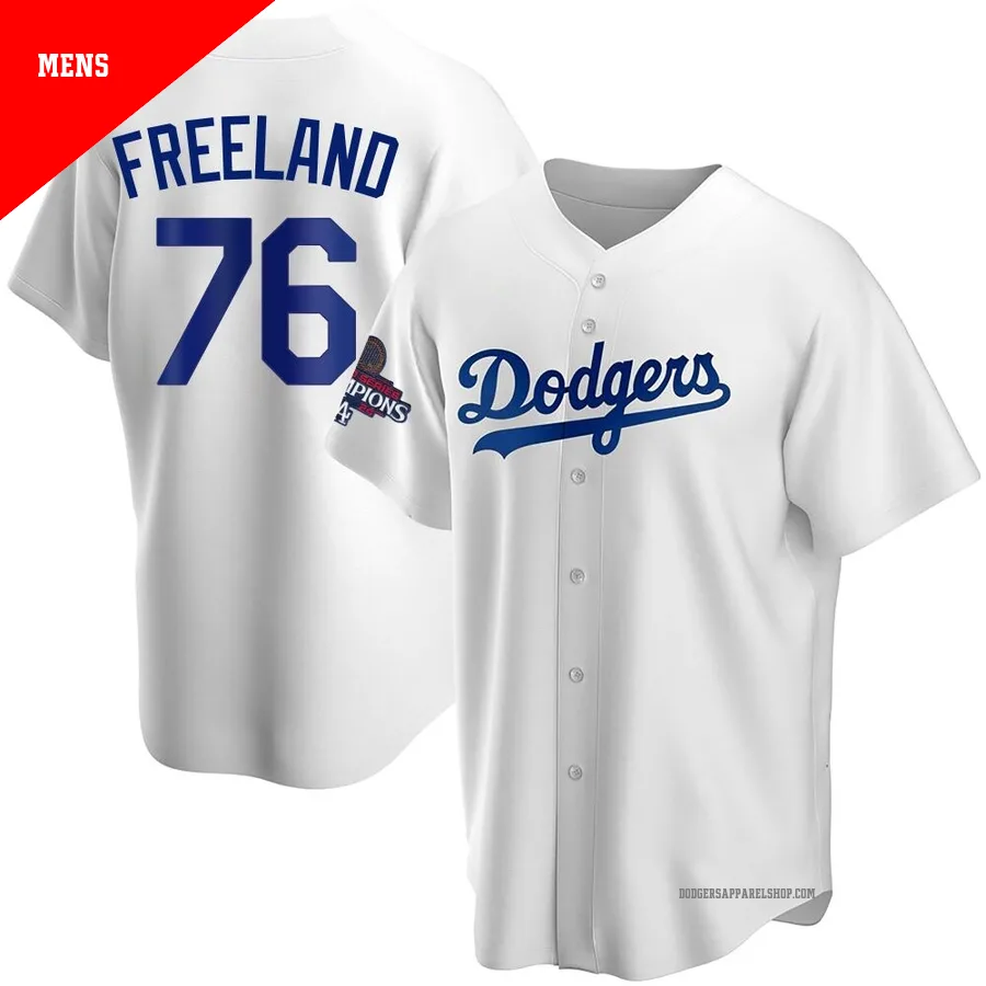 Men's Los Angeles Dodgers ＃76 Alex Freeland White Replica Home 2024 World Series Champions Jersey