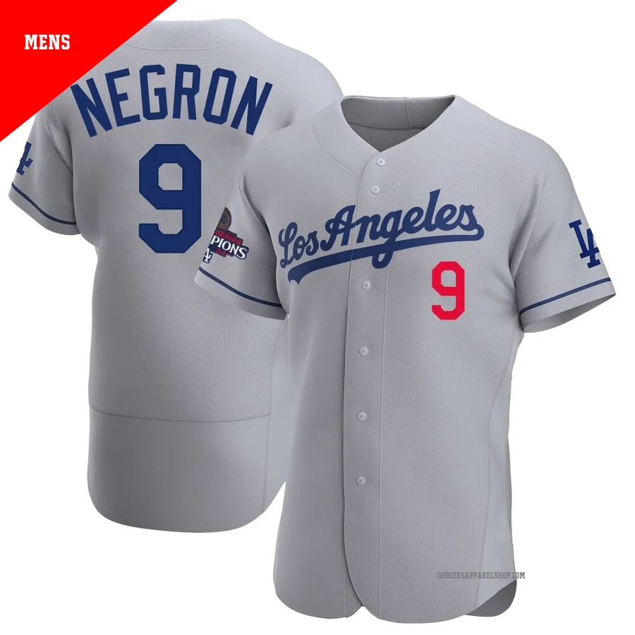 Men's Los Angeles Dodgers ＃9 Kristopher Negron Gray Authentic Away Official 2024 World Series Champions Jersey