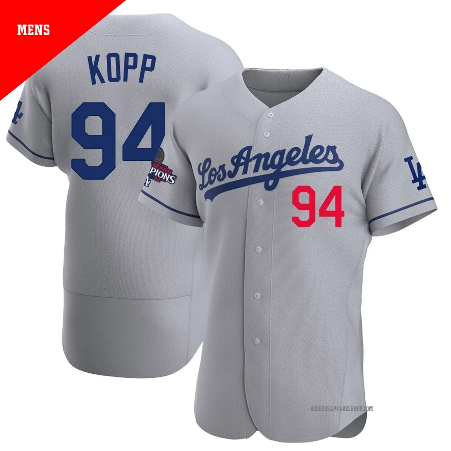 Men's Los Angeles Dodgers ＃94 Ronan Kopp Gray Authentic Away Official 2024 World Series Champions Jersey