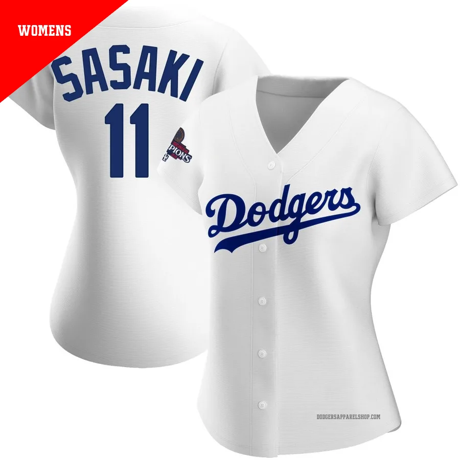 Women's Los Angeles Dodgers ＃11 Roki Sasaki White Replica Home 2024 World Series Champions Jersey