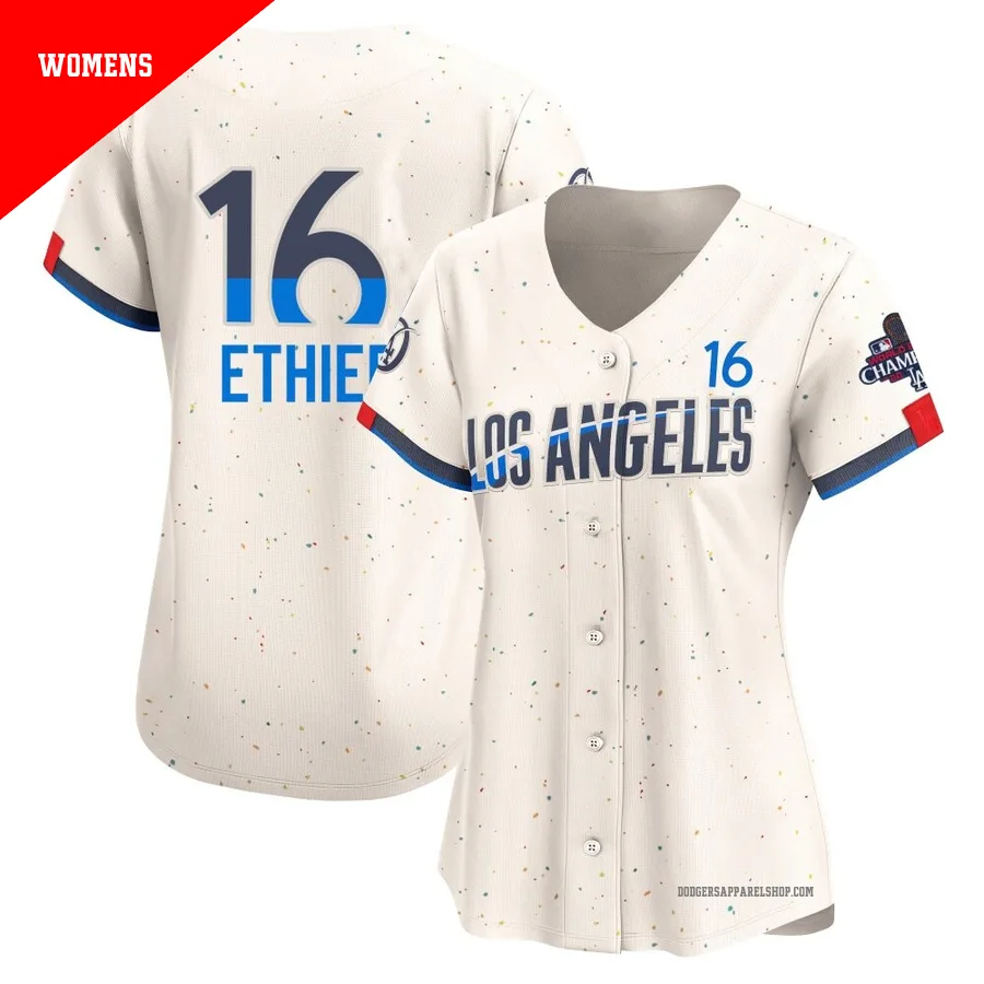 Women's Los Angeles Dodgers ＃16 Andre Ethier Cream Limited 2024 City Connect World Series Champions Jersey