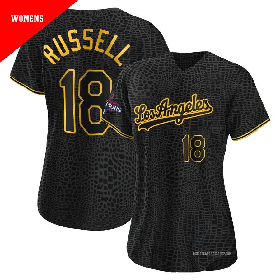 Women's Los Angeles Dodgers ＃18 Bill Russell Black Authentic Snake Skin City 2024 World Series Champions Jersey