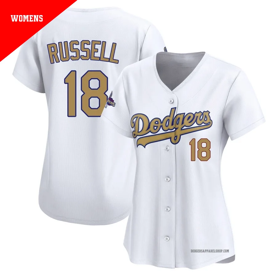 Women's Los Angeles Dodgers ＃18 Bill Russell Gold Limited White 2025 Collection Jersey