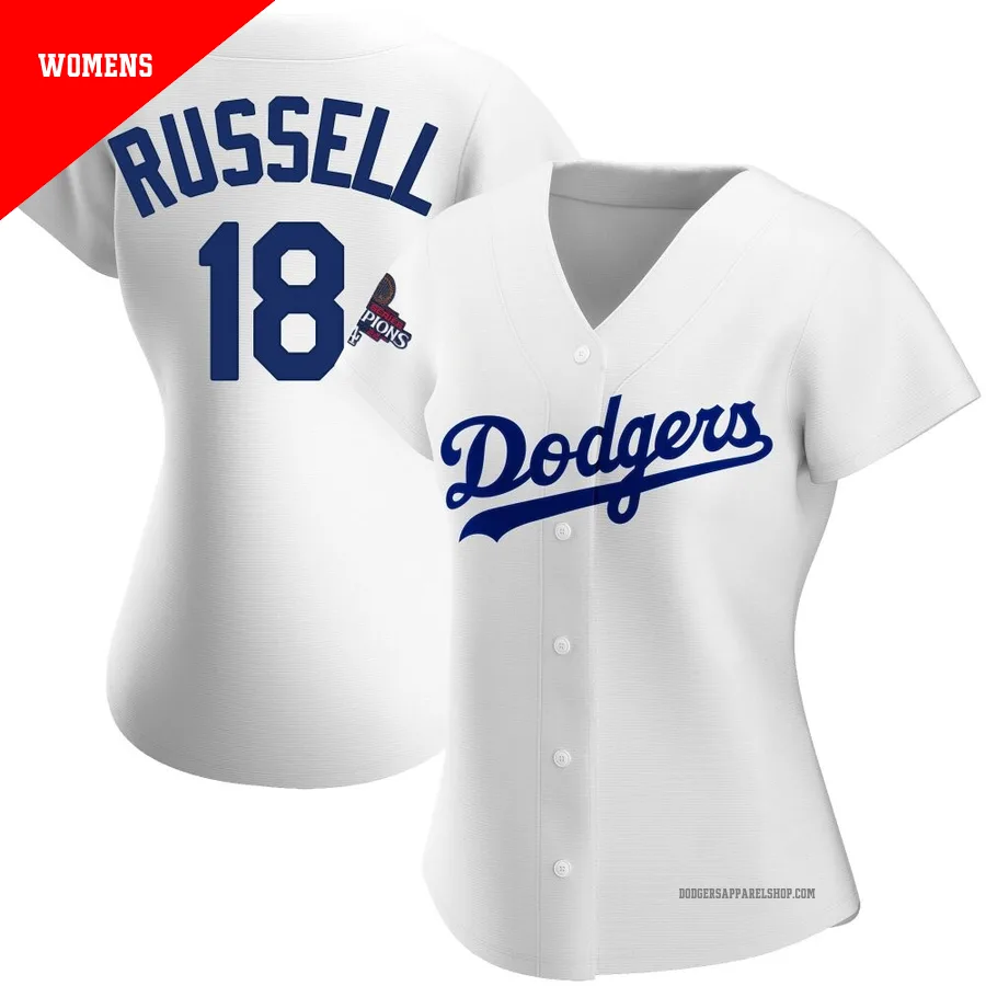 Women's Los Angeles Dodgers ＃18 Bill Russell White Replica Home 2024 World Series Champions Jersey