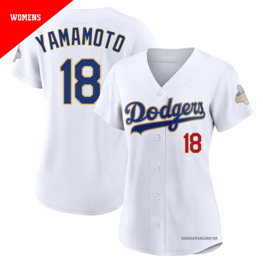 Women's Los Angeles Dodgers ＃18 Yoshinobu Yamamoto Gold Limited White 2026 Collection Stadium Jersey